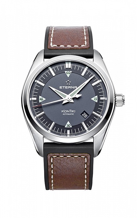 Eterna Kontiki Date black rubber/brown leather