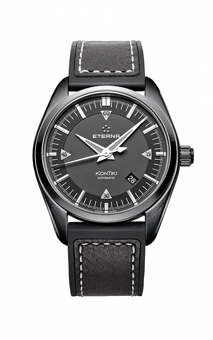 Eterna Kontiki Date black rubber/leather PVD