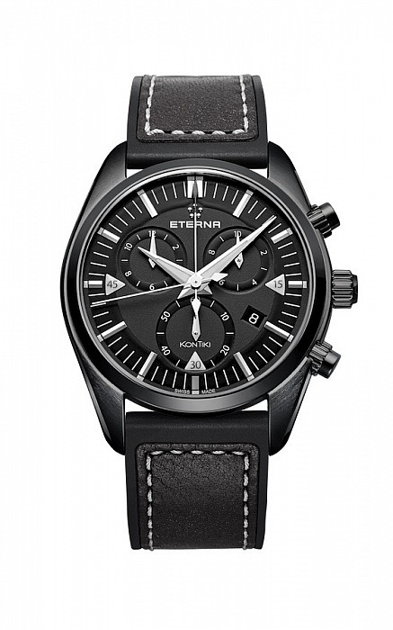 Eterna Kontiki Quartz Chronograph black rubber/leather PVD