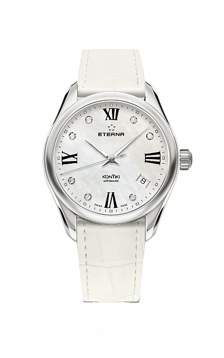 Eterna Lady Kontiki Automatic White MOP endowed with 7 diamonds leather