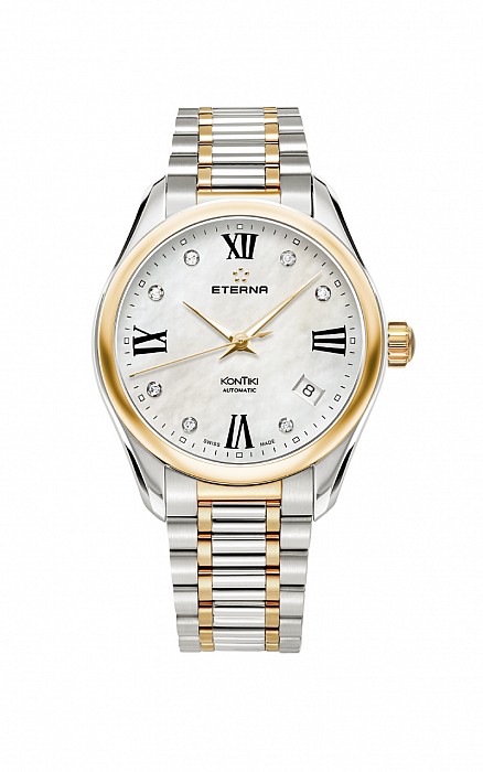 Eterna Lady Kontiki Automatic White MOP endowed with 7 diamonds steel bicolor