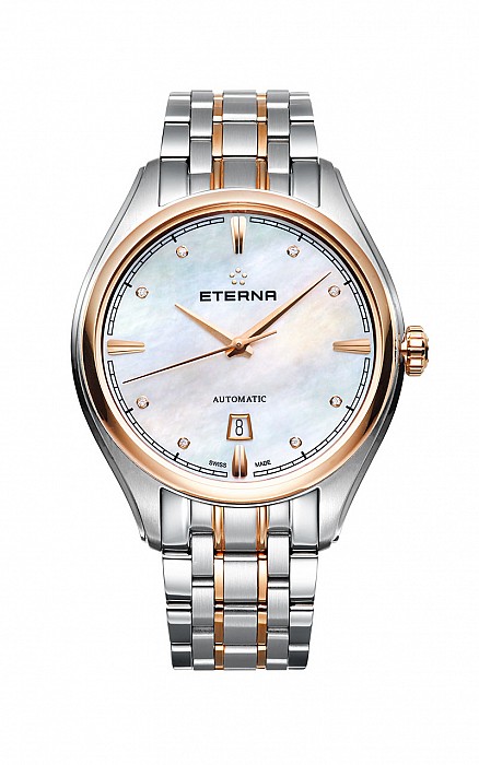 Eterna Avant-Garde Date 42 white MOP endowed with 8 diamonds steel gold